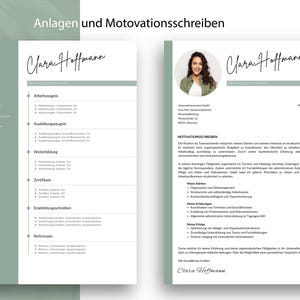 Darstellung zweier Dokumentvorlagen für Bewerbungsanhänge. Links ein strukturiertes Anlagenverzeichnis mit Auflistung von Zeugnissen und Zertifikaten, rechts ein ausführliches Motivationsschreiben, beide im einheitlichen Clara-Hoffmann-Design in Salbeigrün.