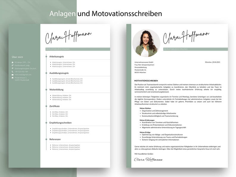 Darstellung zweier Dokumentvorlagen für Bewerbungsanhänge. Links ein strukturiertes Anlagenverzeichnis mit Auflistung von Zeugnissen und Zertifikaten, rechts ein ausführliches Motivationsschreiben, beide im einheitlichen Clara-Hoffmann-Design in Salbeigrün.