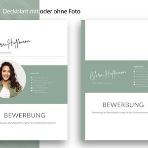 Darstellung zweier Deckblatt-Varianten für eine Bewerbung von Clara Hoffmann. Links ein Design mit rundem Porträtfoto auf einem salbeigrünen Querbanner, rechts eine schlichtere Variante ohne Foto mit Fokus auf Typografie und klaren Linien.