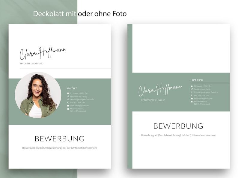 Darstellung zweier Deckblatt-Varianten für eine Bewerbung von Clara Hoffmann. Links ein Design mit rundem Porträtfoto auf einem salbeigrünen Querbanner, rechts eine schlichtere Variante ohne Foto mit Fokus auf Typografie und klaren Linien.