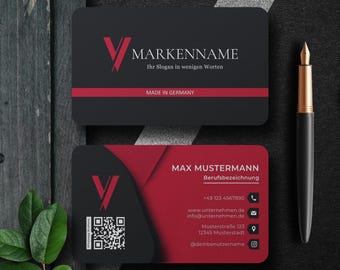 Modern business card template in black and red with front and back, QR code, logo and 2 formats for Europe and USA/Canada | Canva