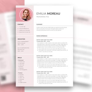 Op de afbeelding: Een professioneel cv-sjabloon met een zachtroze en wit kleurenschema. De lay-out bevat een cirkelvormige tijdelijke aanduiding voor een foto, secties voor contactgegevens, opleiding, vaardigheden, een samenvatting en gestructureerde werkervaringsvelden.