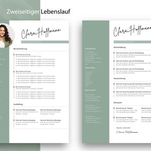 Ansicht eines zweiseitigen Lebenslauf-Layouts für Clara Hoffmann. Die erste Seite fokussiert sich auf Berufserfahrung und Ausbildung, während die zweite Seite in salbeigrüner Optik Platz für Weiterbildung, Referenzen und ehrenamtliches Engagement bietet.