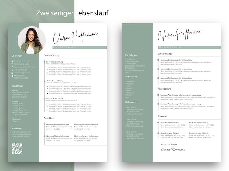 Ansicht eines zweiseitigen Lebenslauf-Layouts für Clara Hoffmann. Die erste Seite fokussiert sich auf Berufserfahrung und Ausbildung, während die zweite Seite in salbeigrüner Optik Platz für Weiterbildung, Referenzen und ehrenamtliches Engagement bietet.