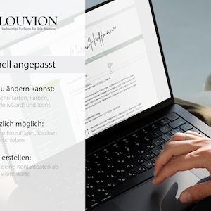 Eine Person bearbeitet die Lebenslauf-Vorlage von Clara Hoffmann an einem Laptop. Daneben steht Text, der die Anpassbarkeit von Texten, Farben, Schriftarten und dem QR-Code (vCard) erläutert. Oben links ist das Logo von „LOUVION“ zu sehen.