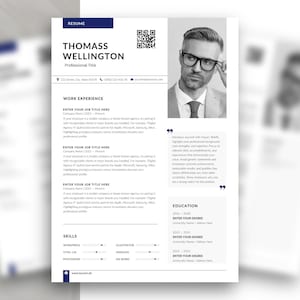 May include: A professional resume template featuring a black and white layout with a dark blue header. It includes a placeholder for a portrait, a QR code, sections for work experience, education, and skills, with text placeholders throughout.
