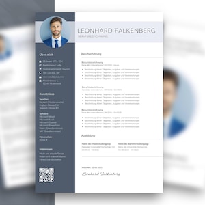 May include: A modern CV template featuring a headshot of a man in a suit. The design uses grey and white tones, with sections for personal details, skills, and work history. The name "Leonhard Falkenberg" is displayed at the top of the document.