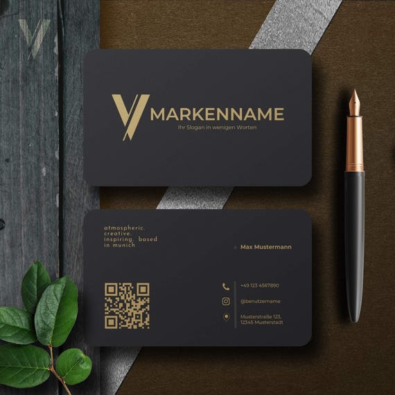 Luxuriöse Visitenkarten Vorlage in Schwarz & Gold – Canva, personalisierbar, QR-Code, Logo, Vorder- und Rückseite, 2 Formate
