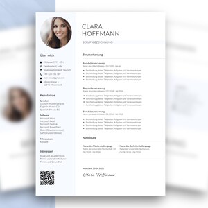 Könnte beinhalten: Ein professionelles Lebenslauf-Template mit einem Porträt einer Frau, betitelt "CLARA HOFFMANN". Der Lebenslauf enthält Abschnitte für Berufserfahrung, Ausbildung und Fähigkeiten. Das Design ist sauber mit weißem Hintergrund und schwarzem Text.