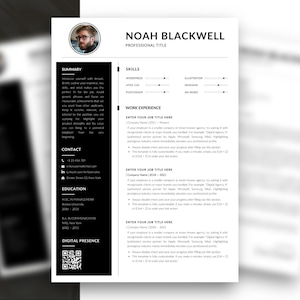 Può includere: Un modello di curriculum professionale con layout in bianco e nero, dotato di segnaposto circolare per foto, sezioni per riepilogo, contatti, istruzione, presenza digitale con codice QR, competenze con barre di avanzamento ed esperienza.