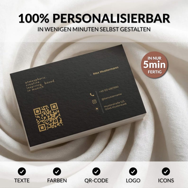 Luxuriöse Visitenkarten Vorlage in Schwarz & Gold für Canva mit personalisierbaren Texten, Farben, Logo, Icons und QR-Code – in wenigen Minuten bearbeitet – Louvion.de