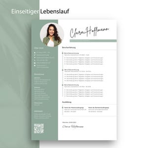 Einseitiges Lebenslauf-Template für Clara Hoffmann. Das Design nutzt eine linke Seitenleiste in Salbeigrün für Porträtfoto und Kontaktdaten, während die rechte weiße Spalte Platz für Berufserfahrung und Ausbildung bietet.