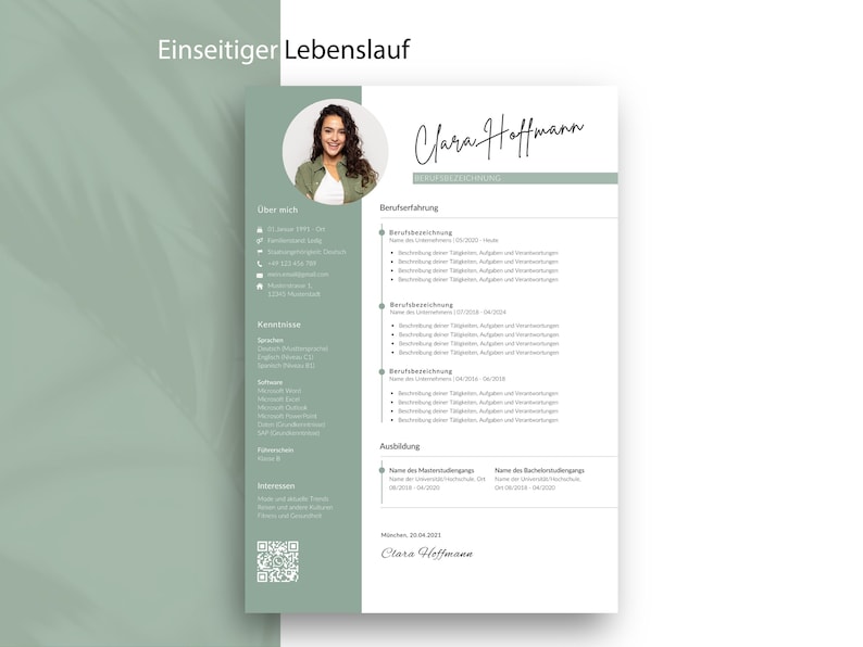 Einseitiges Lebenslauf-Template für Clara Hoffmann. Das Design nutzt eine linke Seitenleiste in Salbeigrün für Porträtfoto und Kontaktdaten, während die rechte weiße Spalte Platz für Berufserfahrung und Ausbildung bietet.