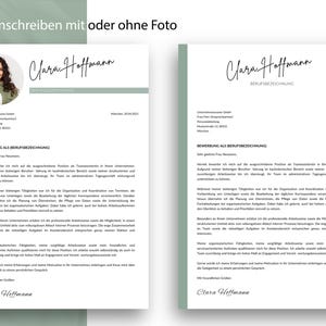 Zwei Design-Varianten für ein Bewerbungsanschreiben von Clara Hoffmann. Links ein Layout mit integriertem Porträtfoto im Header, rechts eine minimalistische Version ohne Foto. Beide nutzen das durchgängige Farbschema in Salbeigrün und Weiß.