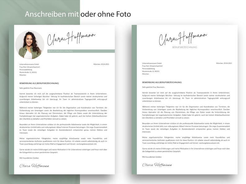 Zwei Design-Varianten für ein Bewerbungsanschreiben von Clara Hoffmann. Links ein Layout mit integriertem Porträtfoto im Header, rechts eine minimalistische Version ohne Foto. Beide nutzen das durchgängige Farbschema in Salbeigrün und Weiß.