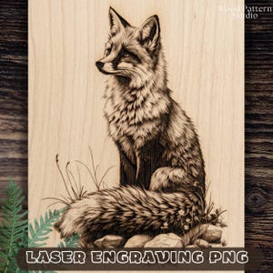 Puede incluir: Panel de madera grabado con láser que muestra una detallada ilustración de un zorro. El zorro, en tonos marrones y negros, está sentado entre hierba y rocas. El texto "Wood Pattern Studio" y "LASER ENGRAVING PNG" son visibles.