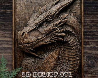 May include: A detailed, brown wooden relief carving of a dragon's head, framed in a dark wood border. The dragon's scales, horns, and facial features are intricately carved. The text "3D RELIEF STL CNC CARVING FILE" is at the bottom.