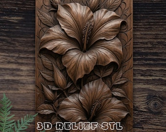 May include: A rectangular dark brown wooden panel featuring a detailed 3D relief carving of two large hibiscus flowers and buds with intricate leaf patterns. The text Wood Pattern Studio and 3D RELIEF STL CNC CARVING FILE are visible.