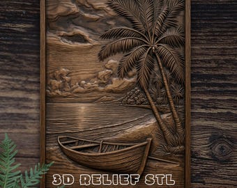 May include: A rectangular wooden wall plaque featuring a 3D relief carving of a tropical beach scene with a small boat resting on the sand, a tall palm tree, and clouds in the sky. The text Wood Pattern Studio and 3D RELIEF STL CNC CARVING FILE is visible.