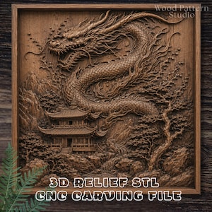 Oriental Dragon 3D STL for CNC | Japanese Pagoda & Sakura Relief | Zen Office Wall Art | Mythical Creature Design | Aspire Artcam Carveco