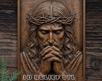 Praying Jesus Crown of Thorns 3D STL Relief CNC Router | Christ Wood Carving File | Christian Religious Aspire ArtCAM 3D Print STL