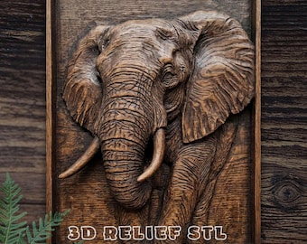 May include: A detailed, three-dimensional wooden relief carving of an elephant. The artwork is framed and features the text "3D RELIEF STL CNC CARVING FILE". The elephant has large ears, tusks, and textured skin, showcasing the intricate wood grain.