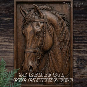May include: A detailed, brown wooden relief carving of a horse's head, complete with bridle and flowing mane. The artwork is framed and features the text "Wood Pattern Studio" and "3D RELIEF STL CNC CARVING FILE".
