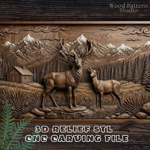 Può includere: Un'intagliatura in legno dettagliata raffigurante un cervo e una cerva in un paesaggio montano. L'intaglio a rilievo presenta una baita, alberi e montagne. Il testo "3D RELIEF STL CNC CARVING FILE" è in basso.