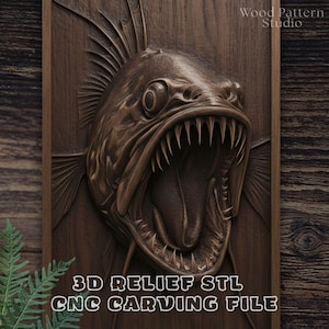 May include: A detailed, brown wooden carving of a fish with an open mouth, showcasing sharp teeth. The fish is the focal point, with the text "3D RELIEF STL CNC CARVING FILE" at the bottom. The Wood Pattern Studio logo is in the top right corner.