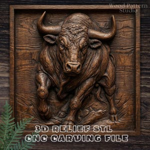 May include: A detailed, brown wooden relief carving of a bull in a rectangular frame. The bull is depicted in a dynamic pose, with its head lowered and horns prominent. The text "3D RELIEF STL CNC CARVING FILE" is at the bottom.