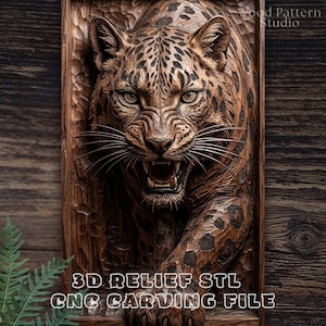 May include: A detailed wood carving of a jaguar in a dynamic pose, with its mouth open, teeth bared, and eyes focused. The carving is in shades of brown, with visible wood grain and the text "3D RELIEF STL CNC CARVING FILE".