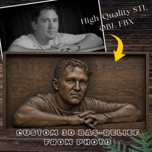 May include: A custom 3D bas-relief wood carving depicting a person with hands clasped, based on a reference photo. The artwork features a rectangular frame and includes the text High-Quality STL OBJ. FBX and CUSTOM 3D BAS-RELIEF FROM PHOTO.