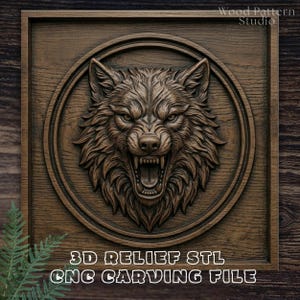 May include: A detailed, brown wooden carving of a wolf's head with an open mouth, set within a circular frame. The carving is set on a rectangular wooden panel. The text "3D RELIEF STL CNC CARVING FILE" is displayed at the bottom.