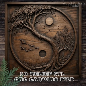 May include: A square wooden wall art piece featuring a circular yin-yang relief carving. The design depicts a tree with detailed leaves and roots, a small sun, and a flock of birds. The text Wood Pattern Studio and 3D RELIEF STL CNC CARVING FILE appear.