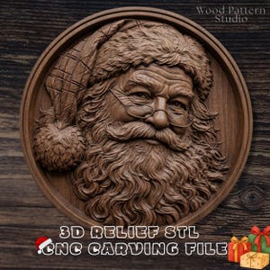 May include: A circular wooden wall plaque featuring a detailed 3D relief carving of Santa Claus wearing a hat and glasses. The text Wood Pattern Studio, 3D RELIEF STL, and CNC CARVING FILE are visible. The carving displays intricate textures.