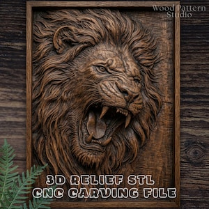 May include: A detailed, brown wooden relief carving of a roaring lion's head. The artwork is framed and features intricate details of the lion's mane, teeth, and facial features. Text at the bottom reads "3D RELIEF STL CNC CARVING FILE."