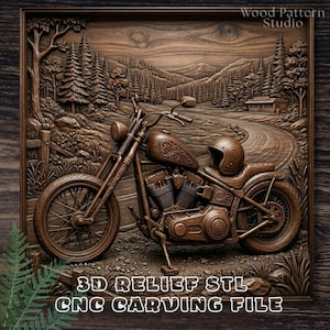 Chopper Motorcycle 3D STL Relief CNC Router | Classic Biker Road Scene Wood Carving File | Aspire ArtCAM 3D Print Resin