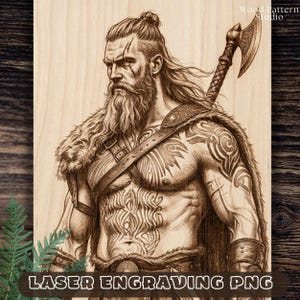 May include: A laser-engraved wooden panel featuring a detailed illustration of a bearded warrior with a top-knot hairstyle, a fur-lined cloak, and intricate chest tattoos. The warrior carries a large battle axe on their back. Text reads Wood Pattern Studio.