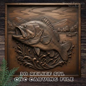 May include: A detailed wood carving of a largemouth bass leaping from water, set against a backdrop of mountains and trees. The artwork is framed and features the text "3D RELIEF STL CNC CARVING FILE". The piece is crafted in shades of brown.