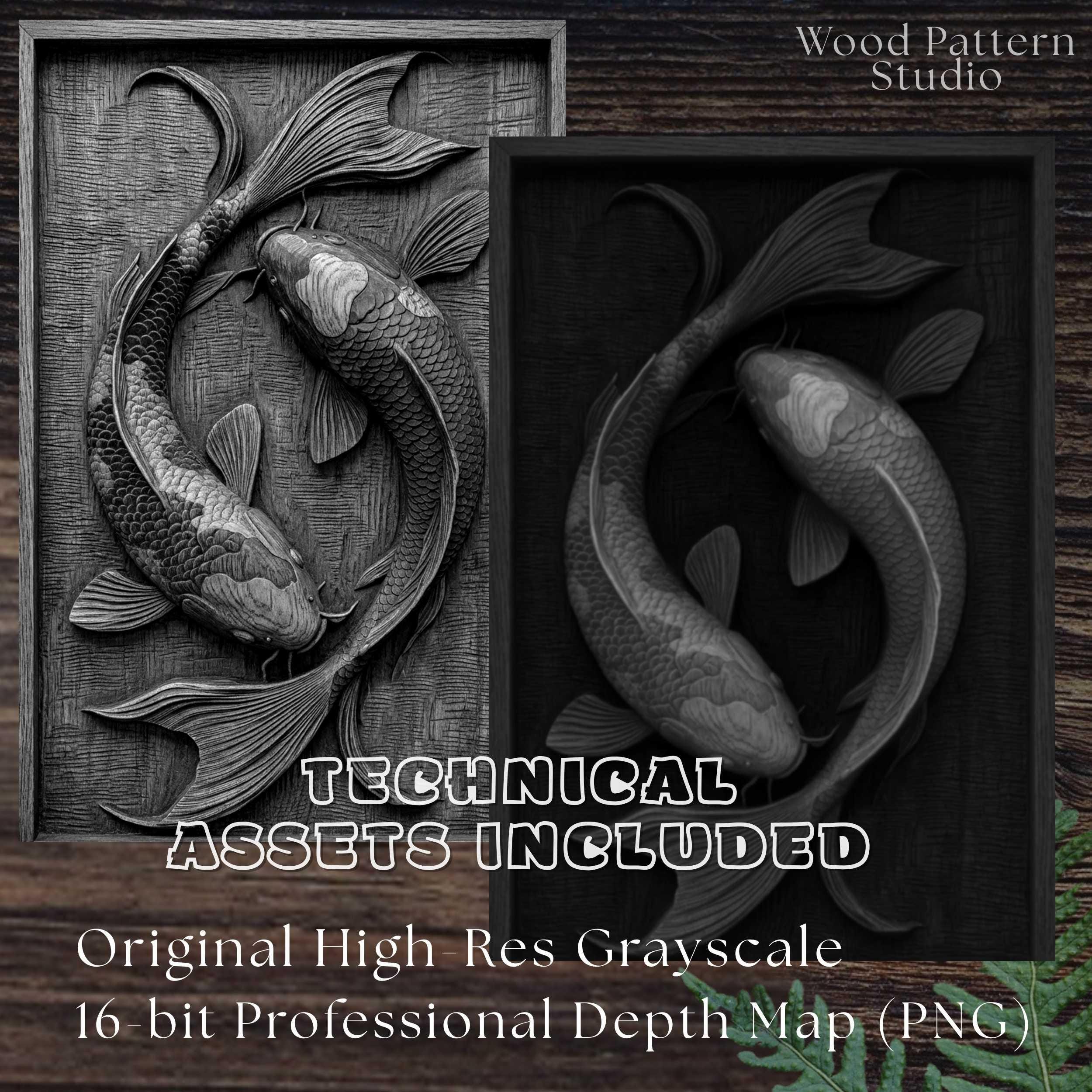 Dual Koi Fish 3D STL Relief for CNC Router | Japanese Carp Wood Carving ...