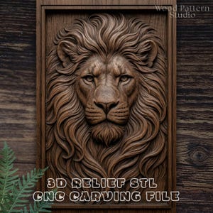 May include: A detailed, brown wooden carving of a lion's head, framed within a rectangular border. The lion's mane is intricately carved, and the text "3D RELIEF STL CNC CARVING FILE" is displayed at the bottom. The artwork is set against a dark wood background.