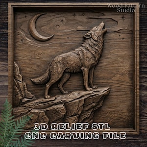 May include: A square wooden wall plaque featuring a relief carving of a wolf howling at a crescent moon. The scene includes a rocky cliffside and stars in the sky. The text Wood Pattern Studio, 3D RELIEF STL, and CNC CARVING FILE is visible.