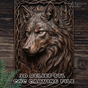 May include: A detailed, brown wooden carving of a wolf's head, framed by stylized trees and a crescent moon. The text "Wood Pattern Studio" is at the top right. The bottom of the carving reads "3D RELIEF STL CNC CARVING FILE".