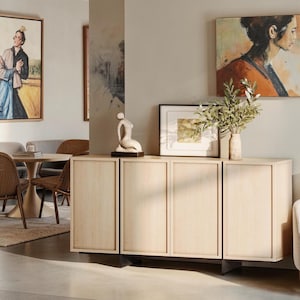 Modern Light Oak Sideboard Buffet Cabinet with Storage, Cable Management, Adjustable Shelves