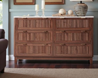 Fluted Walnut 6 Drawer Dresser Modern Storage TV Stand Bedroom Cabinet
