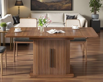 Extendable Dining Table Fluted Wood Storage Sliding Door Kitchen Table Modern