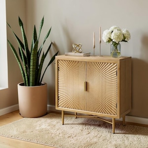 Modern Buffet Cabinet Sunburst Pattern Doors Accent Sideboard Console Natural Wood Storage