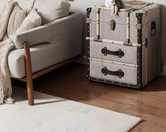 Vintage Linen Storage Chest Buckle Hinged Top Accent End Table Ottoman