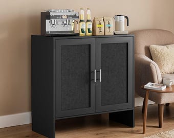 Aparador de ratán estilo rústico, vitrina, buffet negro, barra de café, estantes de almacenamiento