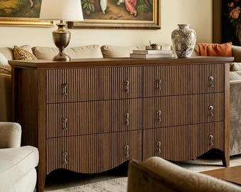 Fluted Oak 6 Drawer Dresser Farmhouse Storage Cabinet Wide Bedroom Chest Organizer